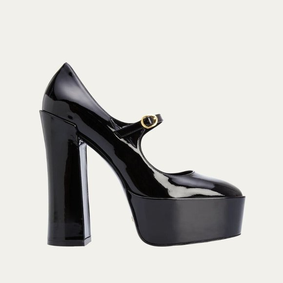 $650 STUART WEITZMAN 145 MARY JANE PLATFORM PUMPS PATENT BLACK 8.5 (PA17